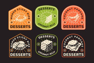 Mango pilavı, hindistancevizli reçelli kek, hindistan cevizli krep, donut, Asya tatlıları, restoran, kafe, sokak yemeği, pasta, fırın için retro rustik rozet logosu dizayn seti. Vektör illüstrasyonu