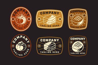 Zeppole, kremalı buğulanmış çörek, katmanlı pasta dilimi, restoranlar, kafeler, fırın, pastane, pastane için Waffle pastası retro rustik rozet yama logosu seti. Vektör illüstrasyonu