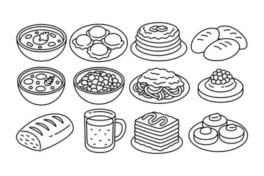 Fasulye salatası, Dim Sum, tereyağlı krep, sebze çorbası, körili makarna, böğürtlenli waffle, ekmek somunu, buz çikolatası, lazanya, krema ana hatlı çörek, restoran için element tasarımı seti.