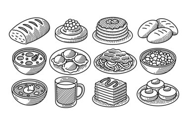 Buğday ekmeği, kremalı waffle, tereyağlı krep, çörekler, çorba, dim sum, spagetti, fasulye salatası, içecek, lazanya, çörek oymalı sanat simgesi restoran, kafe, fırın sembolü.