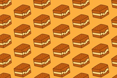 Çikolatalı gofret, pastane için sarı arka planda renksiz desenli karalamalar yapar. Kafeler için donmuş tatlı kare çizgi film arkaplanı. Kremalı tatlı bloğu izole edilmiş illüstrasyon motifi