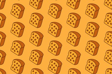 Kafeler için sarı arka planda badem rengi karalamalı ekmek dilimi. Fırın için peynirli ekmek çizgi filmlerinin arka planı. Hamur işi için kızarmış ekmek izole edilmiş vektör motifi