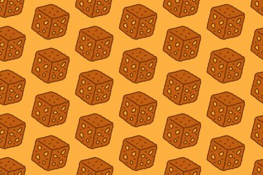 Fırın için sarı arka planda badem rengi karalamalı brovniler. Hamur işi için kızarmış ekmek karikatürü desenli arka plan. Kafeler için gözenekli besin küpü izole vektör motifi