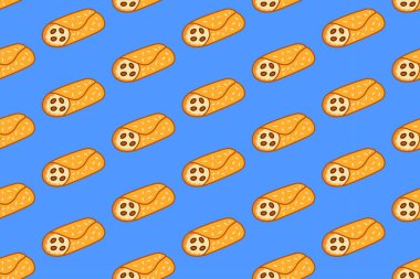 Restoran için mavi arka planda, rengarenk karalama desenli kanoli tüpü dolduruldu. Kafeler için Ricotta Cannoli çizgi film arkaplanı. Tatlı için çıtır börek tüpü izole vektör motifi