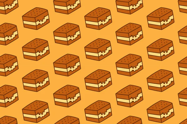 Çikolatalı gofret, pastane için sarı arka planda renksiz desenli karalamalar yapar. Kafeler için donmuş tatlı kare çizgi film arkaplanı. Kremalı tatlı bloğu izole edilmiş illüstrasyon motifi
