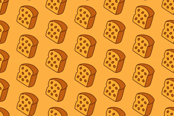 Kafeler için sarı arka planda badem rengi karalamalı ekmek dilimi. Fırın için peynirli ekmek çizgi filmlerinin arka planı. Hamur işi için kızarmış ekmek izole edilmiş vektör motifi