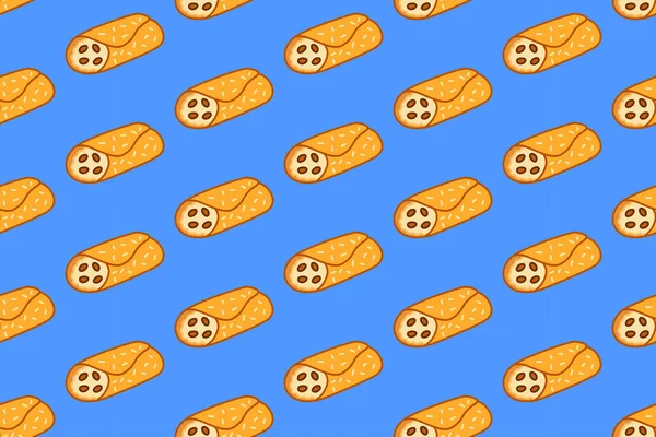 Restoran için mavi arka planda, rengarenk karalama desenli kanoli tüpü dolduruldu. Kafeler için Ricotta Cannoli çizgi film arkaplanı. Tatlı için çıtır börek tüpü izole vektör motifi