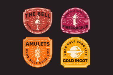 Çin parası, çan, altın külçesi, kestane fişeği, havai fişek, tılsım, kolye, Çin Yeni Yıl Festivali dekorasyonu ve ürünleri için hazırlanmış geçmişe dönük rozet vektör tasarım koleksiyonu.