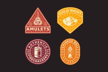 Çin sikkeleri, Yuan bao altınları, havai fişekler, çanlar, altın külçeler, havai fişekler, tılsım, kolye gerici retro vektör tasarım koleksiyonu Çin Yeni Yıl Festivali dekorasyonu ve ürünleri için hazırlanıyor.