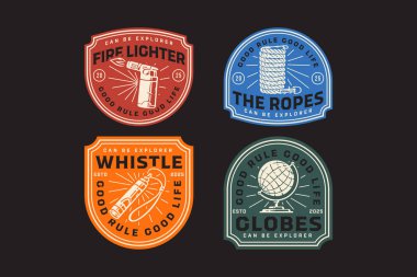 Gaz meşalesi çakmağı, ip kayması, askılı acil durum düdüğü, dünya küresi model retro rozetim logo tasarım koleksiyonu macera, kaşif, dağcı, yürüyüşçü ve dağcı için hazırlanıyor.