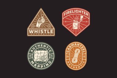 Pusulası olan acil durum düdüğü, benzin bidonlu ateş çakmağı, eski harita, macera için hazırlanmış eski iplerin Hank of Rozet logo vektör tasarım koleksiyonu, kaşif, dağcı, dağcı, yürüyüşçü ve dağcı
