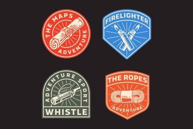 Dünya haritası kaydırma, gaz çakmağı çakmağı, pusula ile ıslık, açık hava ipleri retro rozet logo tasarım koleksiyonu macera, kaşif, dağcı, yürüyüşçü ve dağcı için ayarlandı