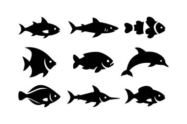 Balık, deniz hayvanı, deniz hayvanı, su hayvanı, okyanus yaban hayatı ikonu tasarım koleksiyonu eğitim, akvaryum, bilim ve çocuklar için katı bir stili var. Köpekbalığı, Ton Balığı, Palyaço Balığı, Yunus balığı, Marline illüstrasyonu.