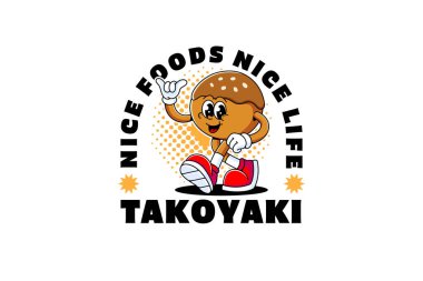 Takoyaki ahtapot topu Japon yemek retro çizgi film karakteri çizimi. Yürürken, el pozu verirken, restoran, mutfak maskotu, yemek maskotları ve ürünler için.