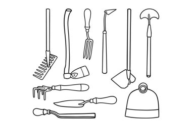 Bahçe ve bahçıvanlık aletleri tırmık, çapa, kürek, kazma, yaba, demir testeresi ile simge seti. El bahçıvanlığı ekipmanları ve bahçe aletleri çizgisi sanat sembolü koleksiyonu. Vektör illüstrasyonu