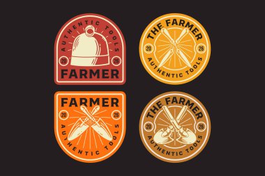 Çapa, kürek, mala, spatula ile eski rozet logo seti çiftçilik ve bahçe araçları. Tarım ve peyzaj ekipmanları çıkartma yaması tasarım paketi. Vektör illüstrasyonu