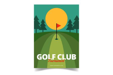 Golf kulübü broşürü, peyzaj, çam ve güneş resimli. Golf turnuvası poster tasarımında çim ve bayrak direği var. Düz golf alanı vektörlü golf kupası temalı olay posteri