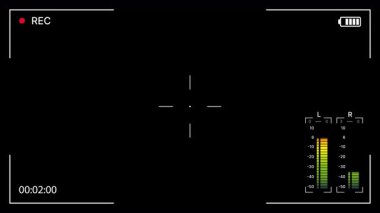 Kamera kayıt ekranı kayıt, zaman kodu ve ses seviyesiyle örtüşüyor. Videografi aygıtı odaklı ekran, Kamera görüntüleyicisi HUD, Filmleme ekranı. Alfa kanalı. 4K Video