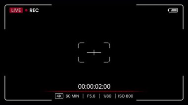 Kamera görüntüleyicisi, odaklanma rehberi, zamanlayıcı, pil ve ayar göstergeleriyle canlı yayın ekran örtüsü. Kamera görüntüleyici örtüsü, kamera örtüsü ekran. Alfa kanalı. 4K Video