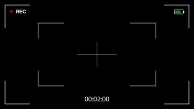 Minimalist kayıt ekranı odak çerçevesi, merkez kesişim noktası, kayıt göstergesi, zamanlayıcı, pil durumu ile örtüşüyor. Kamera görüntüleyici örtüsü, ekran örtüsü. Alfa kanalı. 4K Video