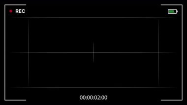 Kamera kayıt ekranı üçüncülerin kuralıyla örtüşür ızgara çizgileri, merkez çapraz gölgesi, çerçeve, REC göstergesi, pil durumu, zaman kodu. Kamera kayıt ekranı. Profesyonel kamera HUD örtüşmesi. 4K Video