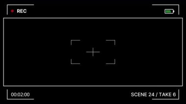 Sinematik kamera kayıt ekranı temiz görüntü bulucu çerçeve, çapraz görüş, köşe kılavuzu, REC göstergesi, pil durumu, zaman sayacı, sahne görüntüsü. Alfa kanalı. 4K Video