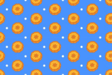 Tatlı olarak mavi arka planda yıldız renksiz desenli geleneksel ay çöreği. Yemek için parlak karikatür desenli geleneksel ay çöreği. Vektör İllüstrasyonu