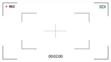 Minimalist arayüz, odaklanma çerçevesi, merkez açı, kayıt göstergesi, zamanlayıcı, pil durumu ile beyaz arkaplan üzerine kayıt yapılıyor. Alfa kanalı. 4K Video