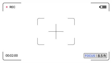 Minimalist görüş bulucu, yuvarlak köşe rehberleri, çapraz görüş, REC göstergesi, pil durumu, zaman kodu, odak uzaklığı okumaları ile beyaz arkaplan üzerine kayıt yapılıyor. Alfa kanalı. 4K Video