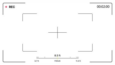 Kamera görüntüleyici arayüzü, köşedeki çerçeve rehberi, çapraz görüş, REC göstergesi, zaman sayacı ve odak uzaklık ölçeği ile beyaz arkaplan üzerine kuruludur. Alfa kanalı. 4K Video