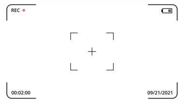 Kamera görüntüleyicisi beyaz arkaplan üzerinde rec göstergesi, pil simgesi, zamanlayıcı, tarih. Kamera kayıt ekranı canlandırmayı durum göstergesi ile örtüyor, zaman kodu minimalist stili. 4K Video