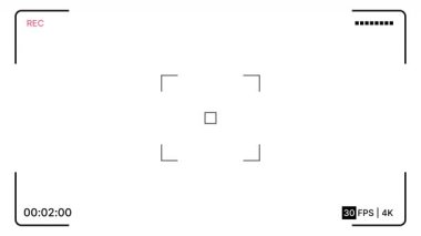 Modern kamera ekranı beyaz zemin üzerinde rec göstergesi, zamanlayıcı, pil seviyesi ve 30 fps, film yapımı için 4k ekran. Video görüntüleyici çerçeve modern arayüz. Kamera kaydı üstüste