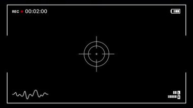 Modern kamera kaydı siyah arkaplan üzerinde rec göstergesi, zamanlayıcı, pil simgesi, merkez odak hedefi ve stereo ses dalgaboyu ile film yapımı, yayın ve çokluortam için metre ile örtüşür