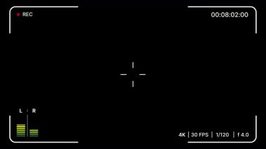 Profesyonel kamera kaydı modern HUD, kayıt göstergesi, zaman kodu, stereo ses düzeyi ölçer ve film yapımı, akış, sinematik yapım için ayrıntılı ayarlar