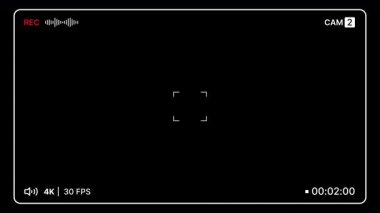 Modern çoklu kamera kayıt ekranı, kamera etiketi, rec göstergesi, zaman kodu ve 4k 30 fps canlı yayın, yayın ve film yapımı için ses durumu ikonu ile kaplıdır. 4K Video
