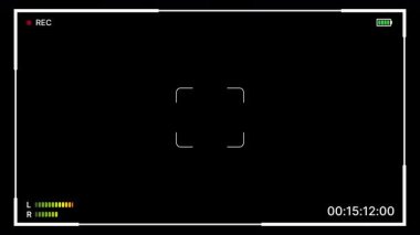 Kayıt göstergesi, pil simgesi, ses düzeyi ve zaman göstergesi ile siyah arkaplandaki en küçük kamera görüntüleyicisi. Kamera ekran çerçeve modern HUD kaydediyor. 4K Video