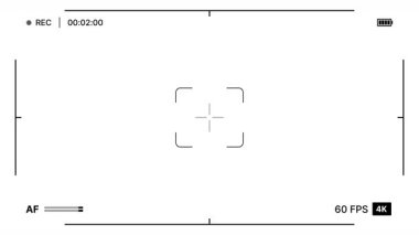 Kamera kayıt arayüzü modern çerçeve beyaz zemin üzerinde rec göstergesi, zaman kodu sayacı, otomatik odaklama çubuğu, 4K, 60 fps görüntü ve batarya ile kaplıydı. 4K Video