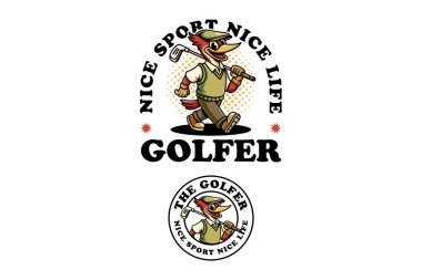 Golf sopası taşıyan ağaçkakan golfçü spor malzemeleri için çizgi film karakteri çizimi yapıyor. Golfçü kuş maskotu logosu. Şirin golfçü kuş çizgi filmi