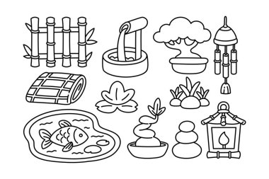 Zen bahçe taslak simgesi seti. Japon doğudaki nesneler sanat unsurlarıdır. Bambu, bonsai, gölet, taşlar, minder, çiçek, fener, çeşme. Vektör illüstrasyonu.