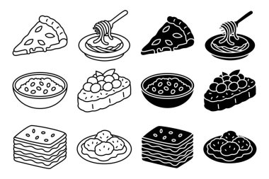 Pizza dilimi, spagetti, risotto, bruschetta, lazanya ve köfte ana hatlı ikon seti. Klasik İtalyan yemekleri. Lokanta, kafe ve aşçılık için katı elementler. Vektör illüstrasyonu