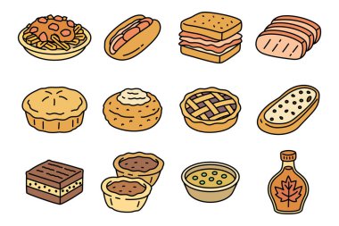 Fırın ve tatlı renkli ikon seti. Geleneksel Kanada mutfağı çizgi film elementleri. Poutine, sosisli, turta, tereyağlı tart, nanaimo bar, çorba ve akçaağaç şurubu. Vektör illüstrasyonu.