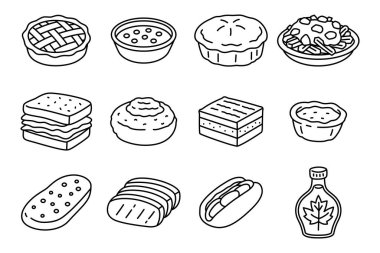 Geleneksel Kanada yemekleri ikon seti. Kanada mutfağı sanat öğeleri. Poutine, turta, tereyağlı tart, nanaimo bar, sandviç, sosisli sandviç, çorba ve akçaağaç şurubu. Vektör illüstrasyonu