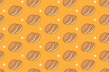 Sarı arka planda yıldız renksiz desenli sandviçli kurabiyeler. Kremalı bisküvi karikatür desenli arka plan. Tatlı fırın kurabiyesi izole çizim motifi