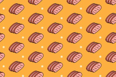 Dilimlenmiş domuz jambonu, açık renkli resimli, sarı arka planda, gıda ürünleri için kusursuz desenli. Restoran için et ve jambon karikatür tablosu.