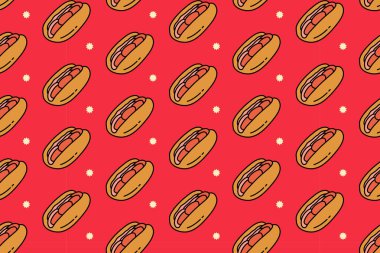 Kızarmış sosisli, yıldız renginde resimli, kırmızı arka planda yemek için dikişsiz sosisli sandviç. Kafeler ve restoranlar için klasik frankfurter sandviç çizgi film arka planı