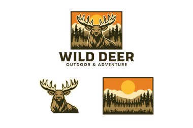 Vahşi geyik geyiği. Orman manzarası retro illüstrasyon logosu tasarlanmış. Macera ve açık hava için. Orman boynuzları geyik antika rozet amblemi av ve kamp için paket