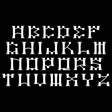 Vektör dekoratif alfabesi. Siyah arkaplanda beyaz harfler..