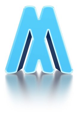 Soluk yüzey yansımaları ile mavi eğimli büyük harf 3D yazı tipi.