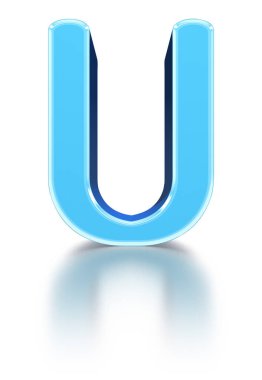 Soluk yüzey yansımaları ile mavi eğimli büyük harf 3D yazı tipi.