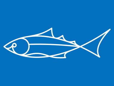 Balık simgesi. Mavi arkaplanda beyaz özet.